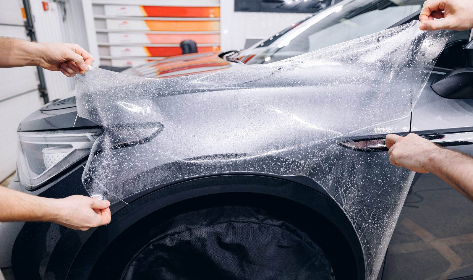Clear paint protection film being stretched over a car's front fender